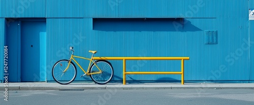 Yellow bicycle parked against a blue wall near a yellow bench.