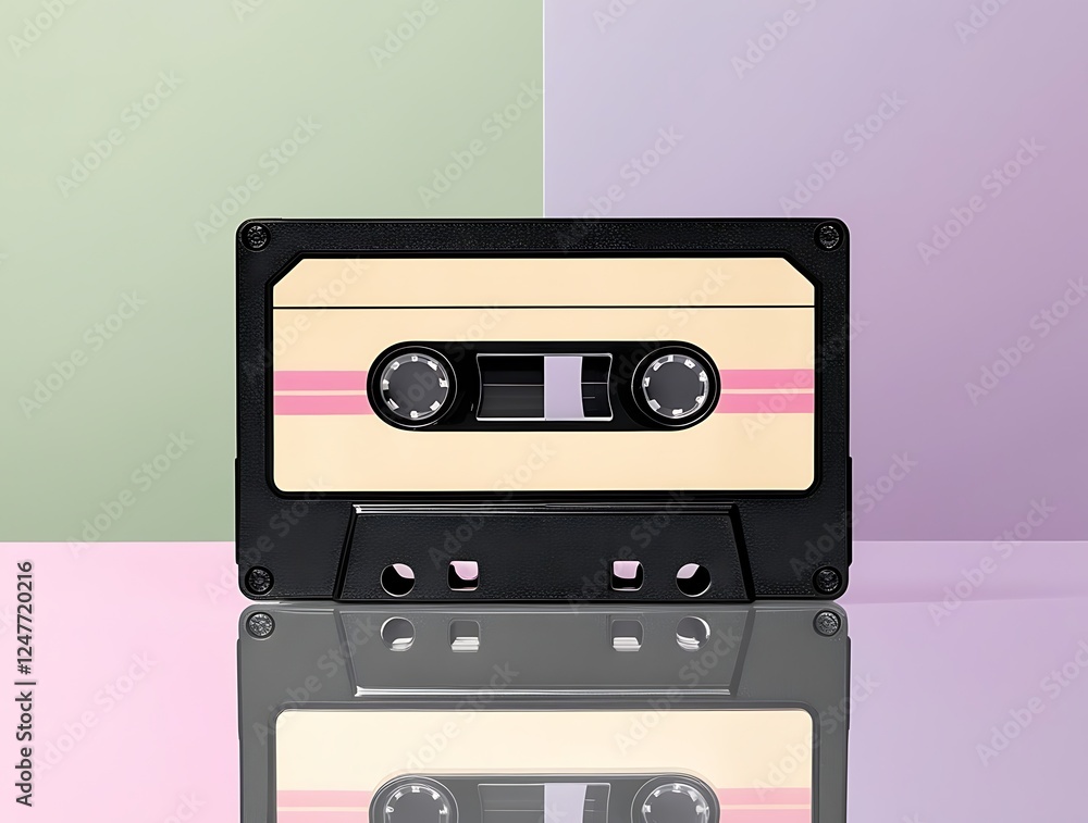 Fototapeta premium Vintage audio cassette tape with pink and beige label on a reflective surface, symbolizing retro music, nostalgia, analog sound, and 80s and 90s pop culture on a pastel background