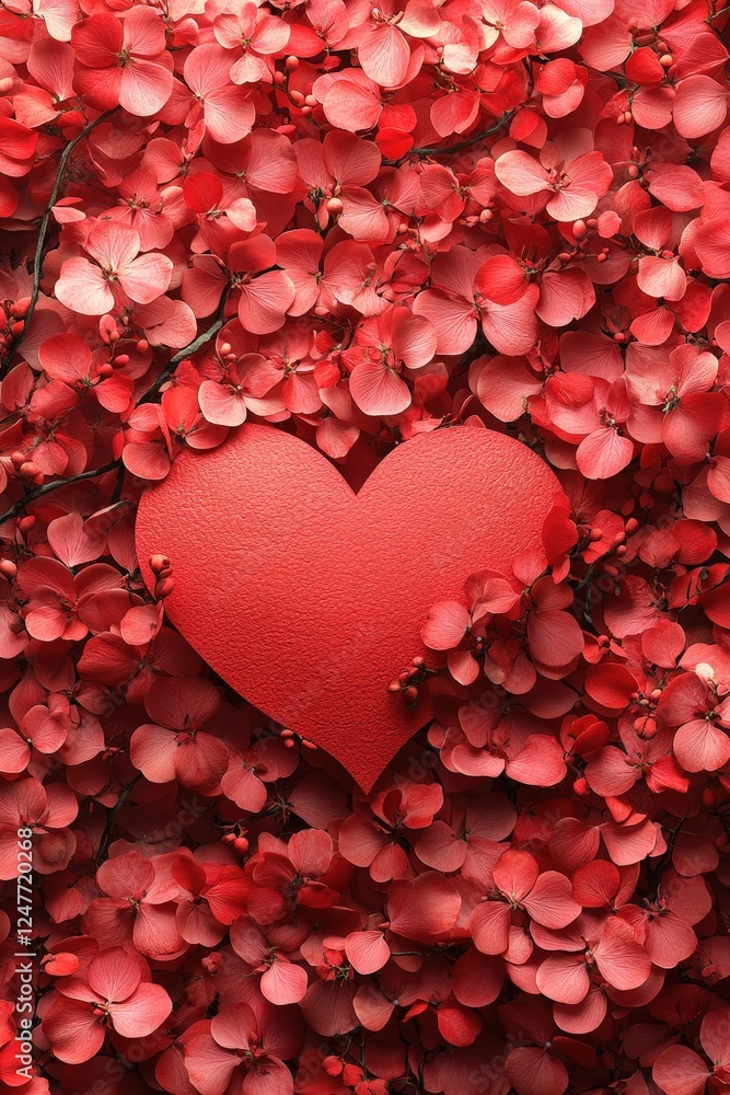 Obraz premium Heart shape surrounded by vibrant red flowers on a soft blurred background
