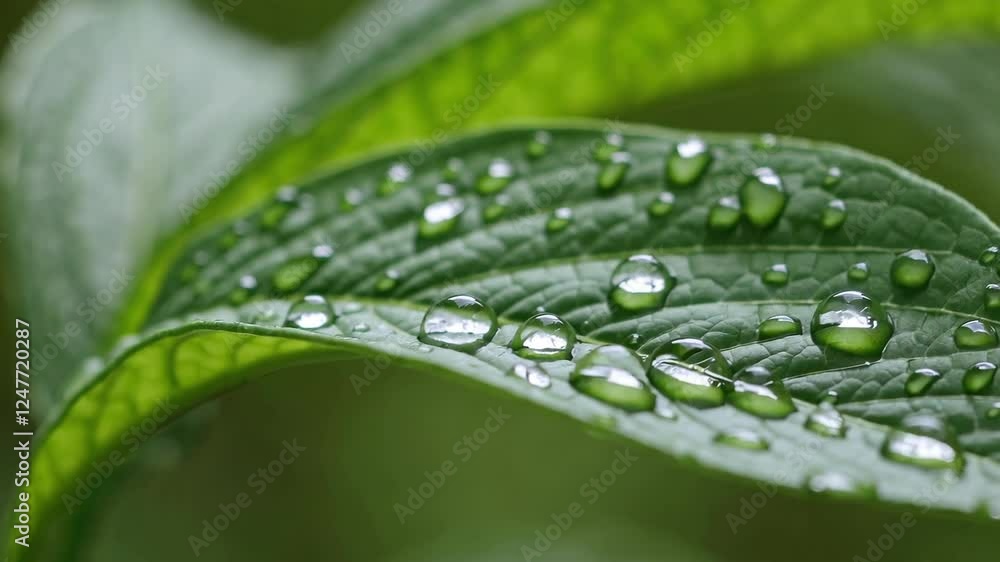 Fresh green leaves adorned with vibrant water droplets create a stunning close-up view following a gentle rainfall. The greenery is rich, showcasing nature's beauty. Fresh green leaves adorned with vibrant water droplets create a stunning close-up view following a gentle rainfall. The greenery is rich, showcasing nature's beauty.