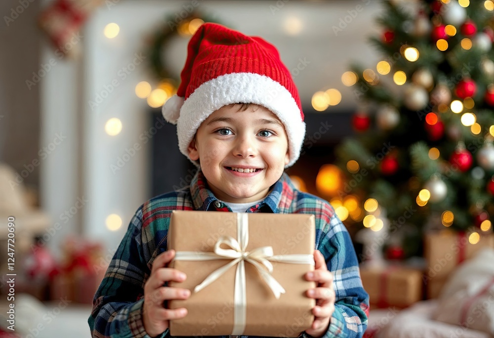 front view of boy with christmas gift front view of boy with christmas gift