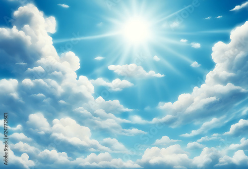 Fototapeta Naklejka Na Ścianę i Meble -  clouds blue vector shining sparse sky white day scene anime background style sun cartoon sunny fluffy illustration generative ai cloud game summer cloudy colours abstract heaven baby bright air