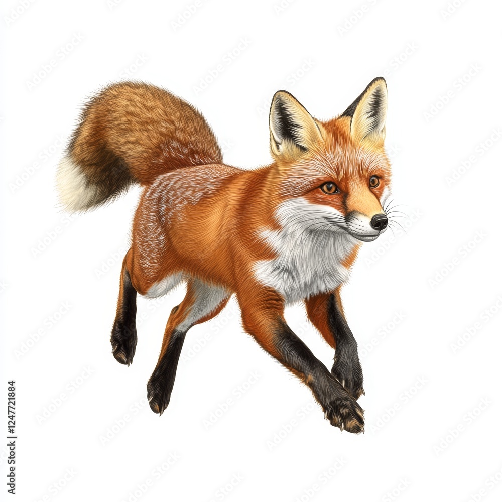 Obraz premium Determined Fox on White Background - Photorealistic Image of Fox Mid-Step with Bushy Tail and Pointed Ears