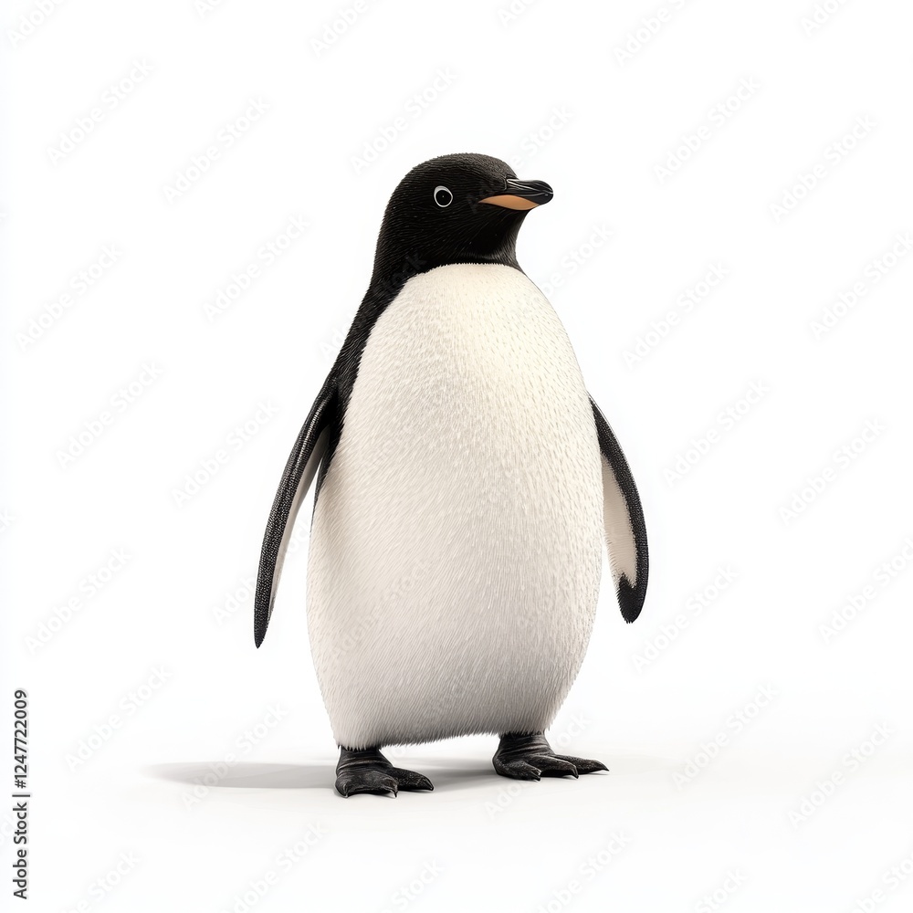 Obraz premium Curious Penguin Waddling on White Background - Photorealistic Penguin Illustration with Detailed Flippers