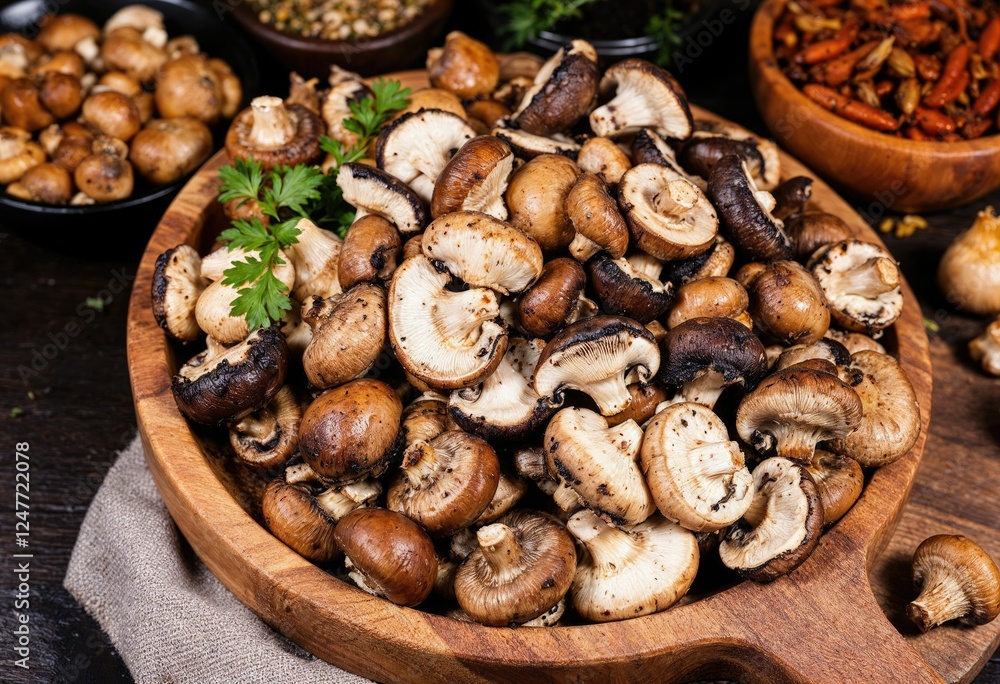 mushrooms in a wooden platter served with variety of spices mushrooms in a wooden platter served with variety of spices