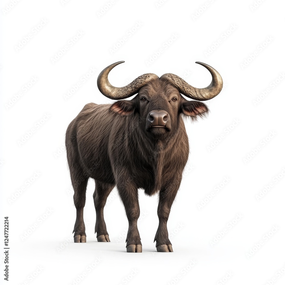 Majestic Buffalo Portrait on White Background - Realistic Wildlife Imagery of Strong Bison with Horns and Fur Majestic Buffalo Portrait on White Background - Realistic Wildlife Imagery of Strong Bison with Horns and Fur