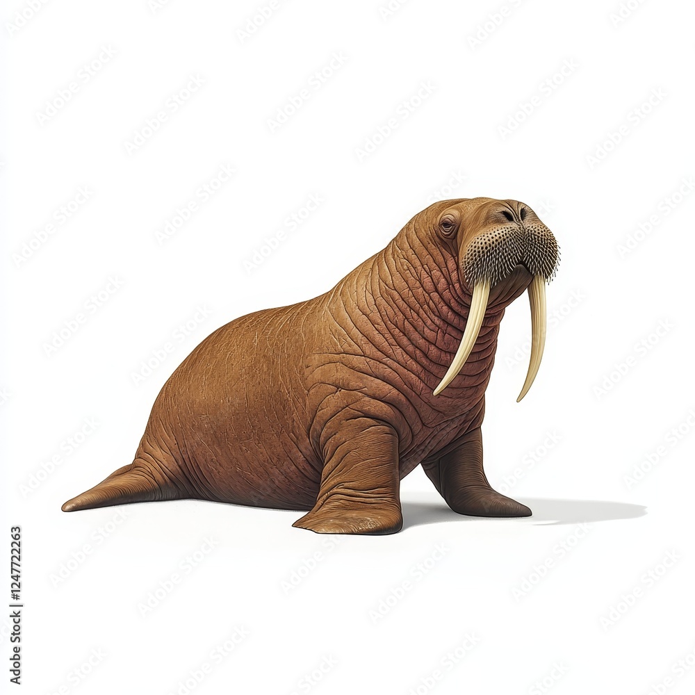 Fototapeta premium Majestic Walrus Relaxing on White Background - Photorealistic Wildlife Portrait with Long Ivory Tusks and Whiskers