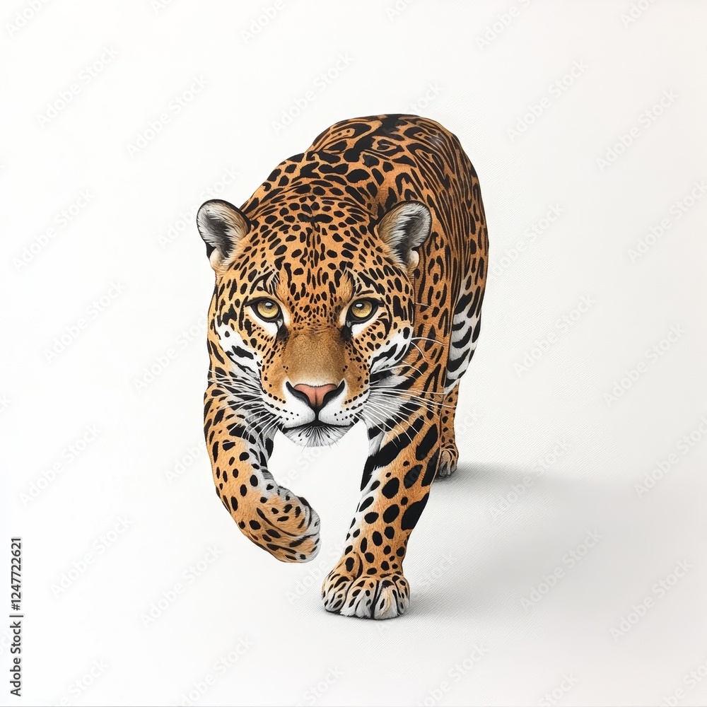 Obraz premium Majestic Jaguar in Stride - Photorealistic Image of a Powerful Feline with Detailed Rosettes and Golden Eyes on White Background