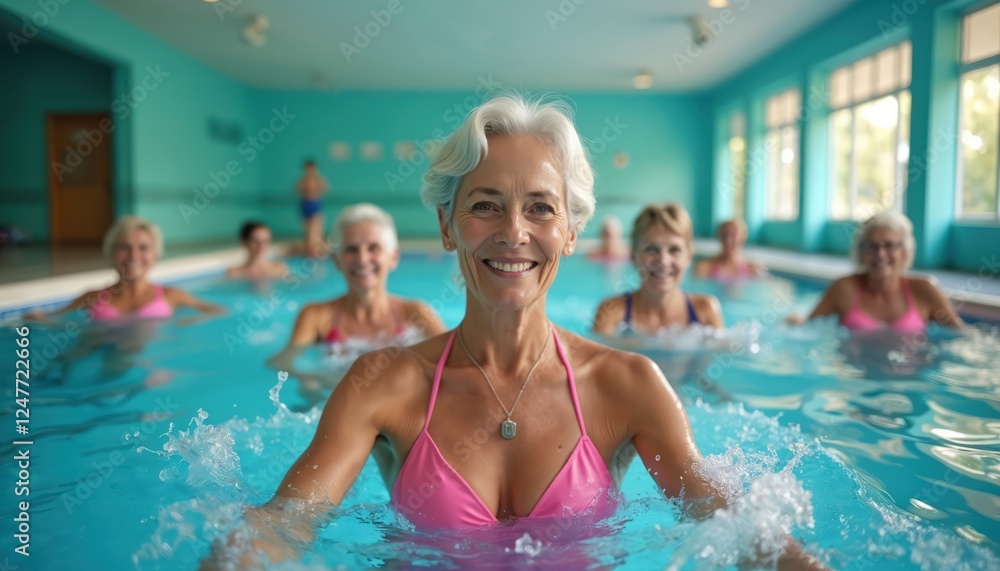 Fototapeta premium Mature women enjoy aqua gym class in indoor pool. Group of seniors participate in water aerobics workout. Smiling, active. Healthy lifestyle for retired people. Community, wellness through exercise.