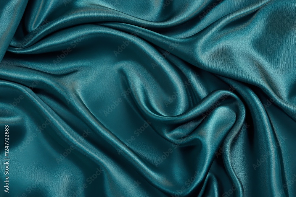 Fototapeta premium Teal silk fabric drapes, studio shot, luxurious texture, background blur, design resource
