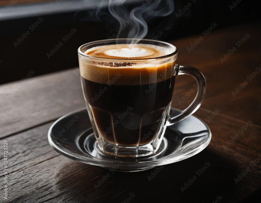 A single glass of freshly brewed Americano, placed on a dark wooden table A single glass of freshly brewed Americano, placed on a dark wooden table