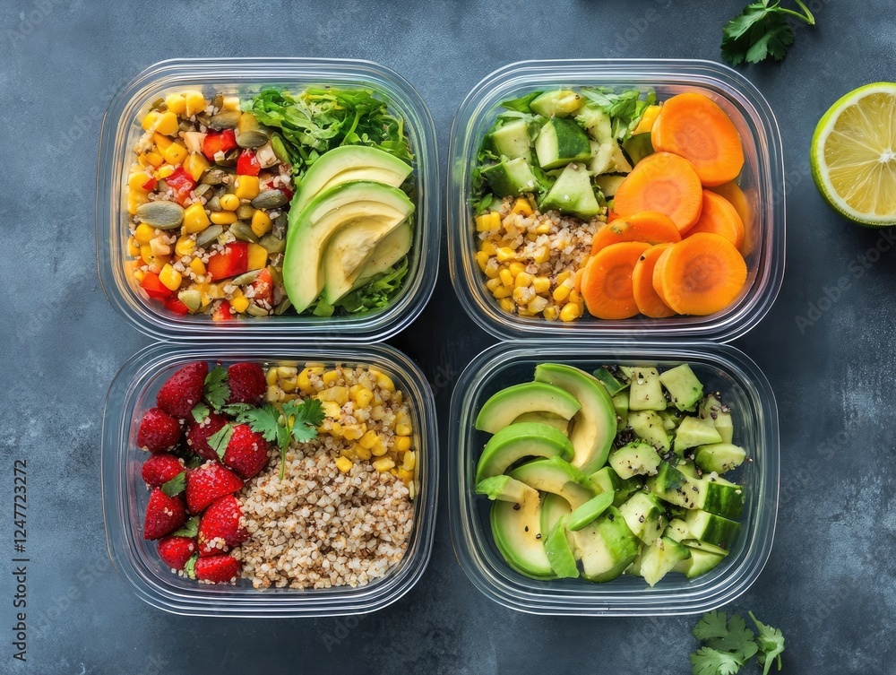 Healthy Meal Prep Containers with Fresh Vegetables and Fruits for Dieting Healthy Meal Prep Containers with Fresh Vegetables and Fruits for Dieting