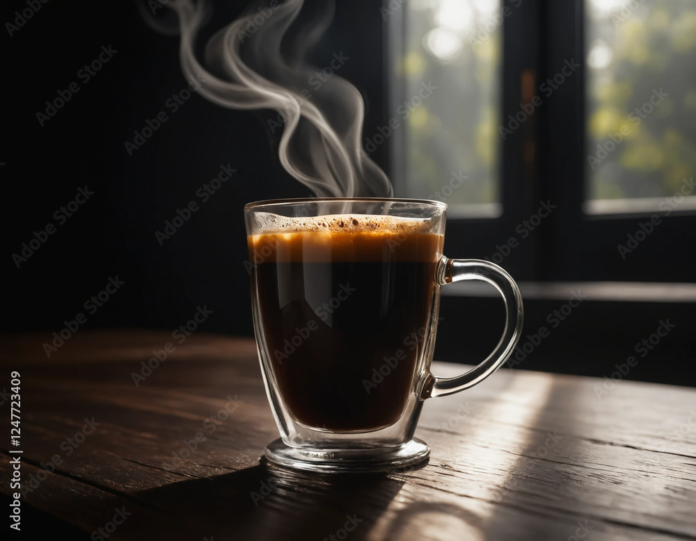 A single glass of freshly brewed Americano, placed on a dark wooden table A single glass of freshly brewed Americano, placed on a dark wooden table