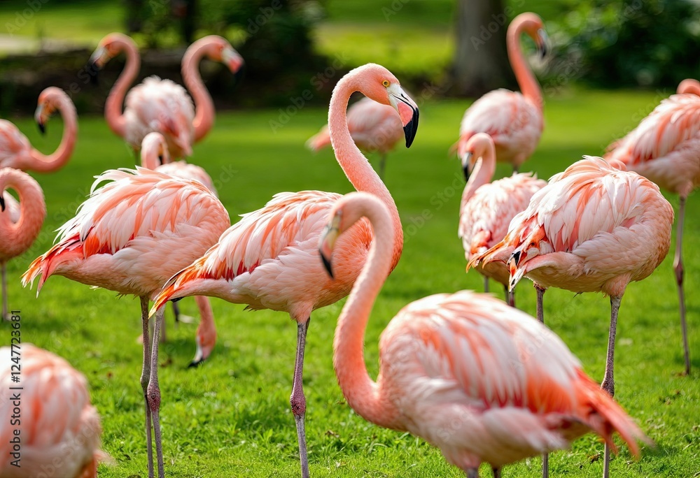 closeup of beautiful flamingo group standing on the grass in the park closeup of beautiful flamingo group standing on the grass in the park