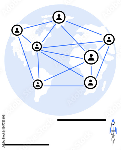 Interconnected user icons linked by blue lines over a world map, symbolizing global communication and networks. Rocket accentuates innovation. Ideal for global reach, teamwork, connectivity