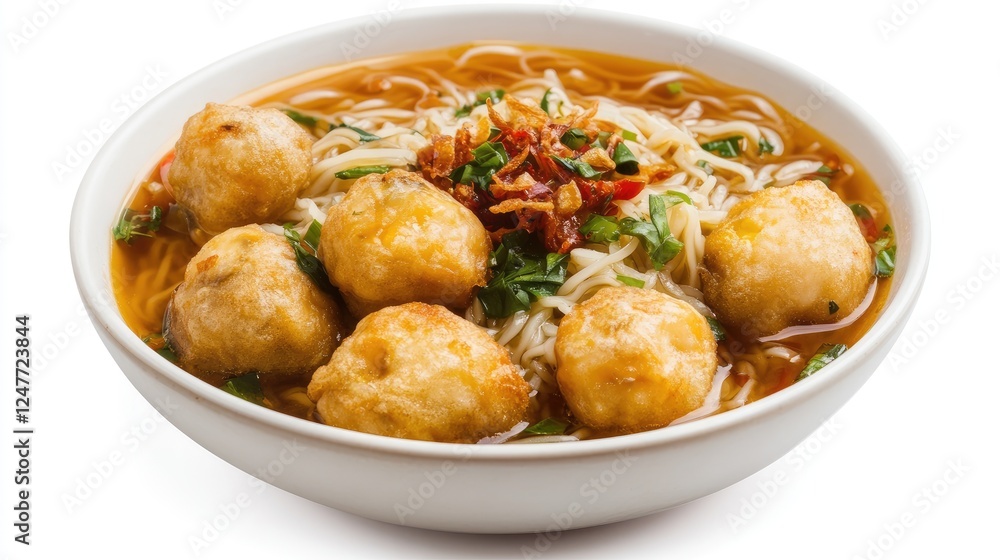 Delicious bowl of Asian noodle soup with fried meatballs, herbs, and broth. Delicious bowl of Asian noodle soup with fried meatballs, herbs, and broth.