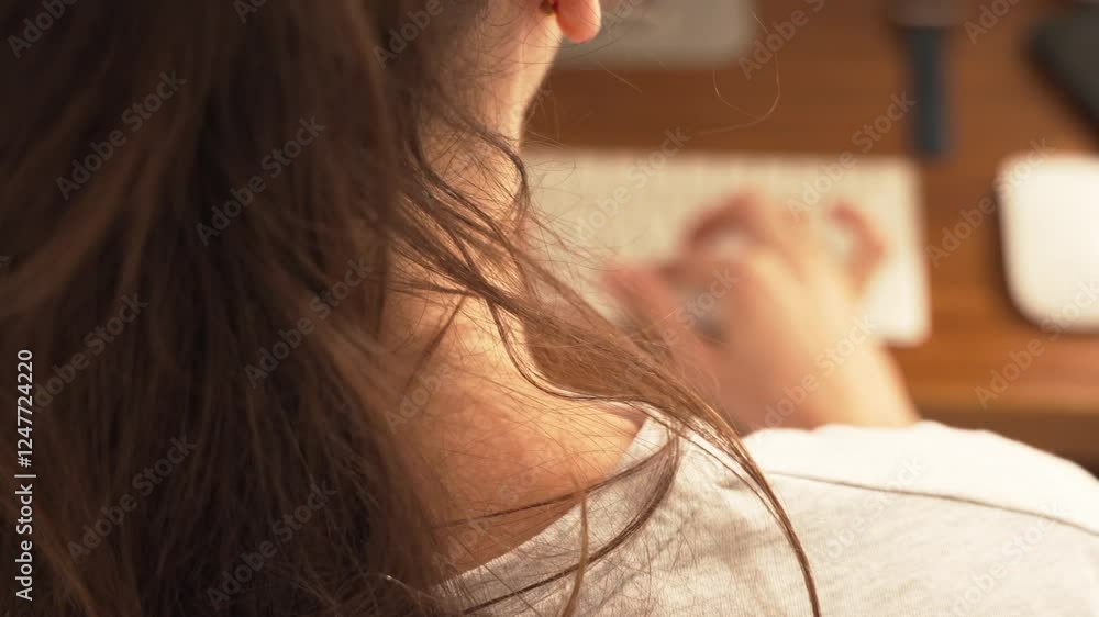 Rear View of a Focused Young Hispanic Woman Typing at Her Desk in a Warm, Cozy Home Office Rear View of a Focused Young Hispanic Woman Typing at Her Desk in a Warm, Cozy Home Office