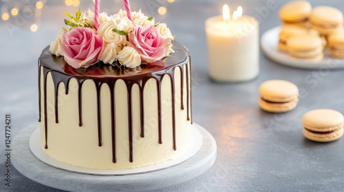 Elegant birthday cake adorned with pink rose and chocolate drizzle, with macaron and candle nearby