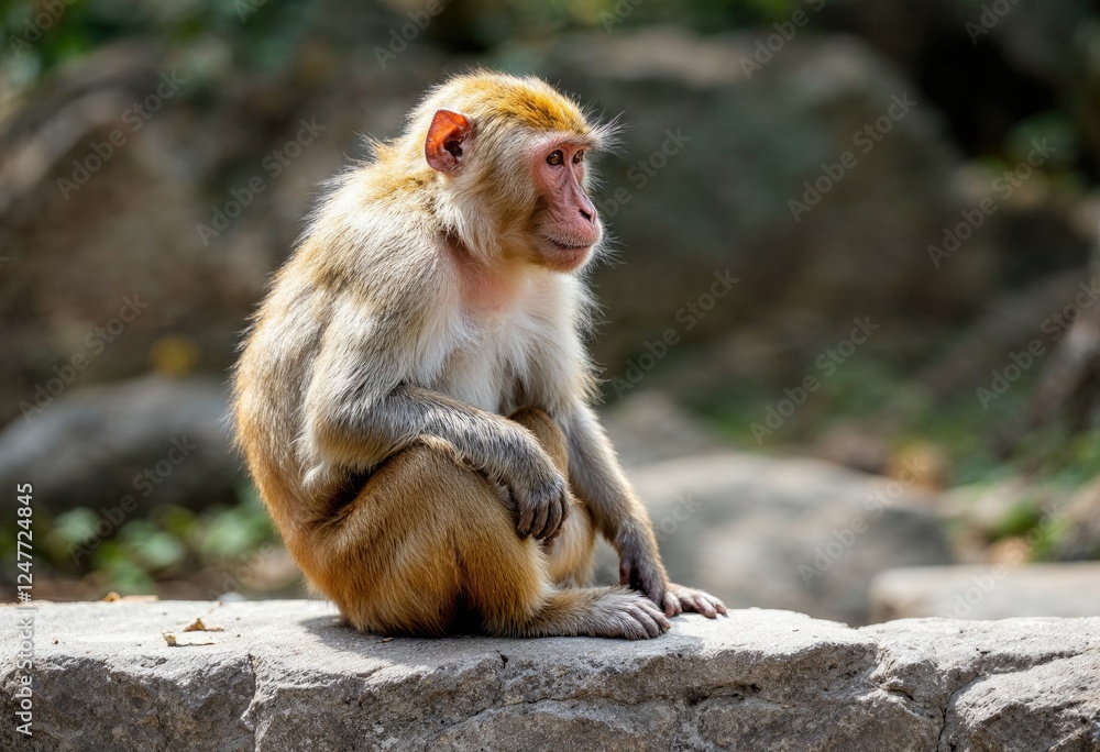 monkey macaque siting on the stone close up monkey macaque siting on the stone close up