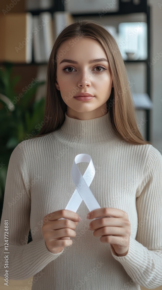 Caucasian woman in her 20s supports cancer awareness with a ribbon in a minimalist office Caucasian woman in her 20s supports cancer awareness with a ribbon in a minimalist office