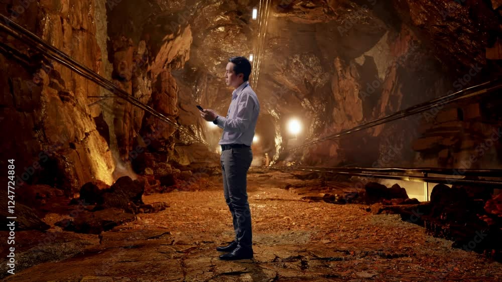 Full Body Side View Of Asian Male Worker Standing With His phone In Underground Mine Tunnel, He Observes By Looking Around Before He Come To Concentrating With His smartphone Full Body Side View Of Asian Male Worker Standing With His phone In Underground Mine Tunnel, He Observes By Looking Around Before He Come To Concentrating With His smartphone