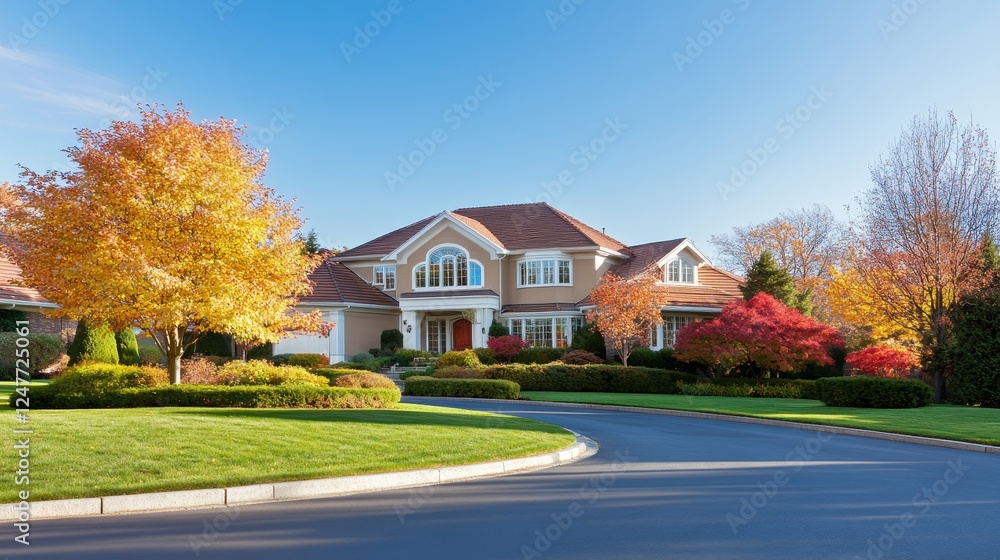 Beautiful suburban home surrounded by vibrant autumn trees and well-maintained landscaping Beautiful suburban home surrounded by vibrant autumn trees and well-maintained landscaping