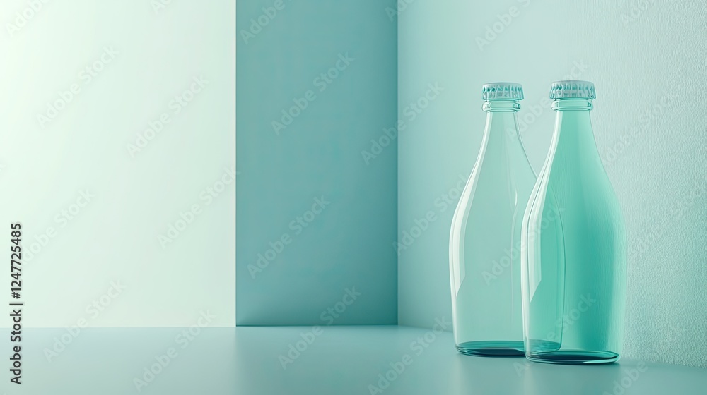 Two empty light teal glass bottles stand in a minimalist corner setting against a pale blue background. Two empty light teal glass bottles stand in a minimalist corner setting against a pale blue background.