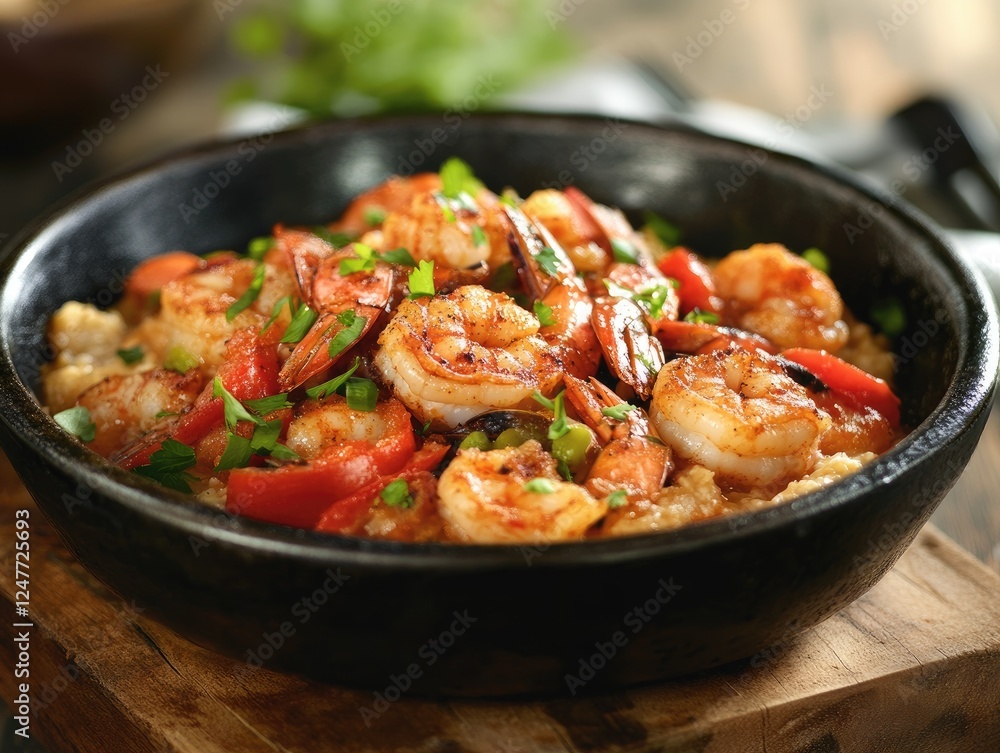 Delicious Shrimp and Grits Dish Garnished with Herbs in a Black Bowl Delicious Shrimp and Grits Dish Garnished with Herbs in a Black Bowl