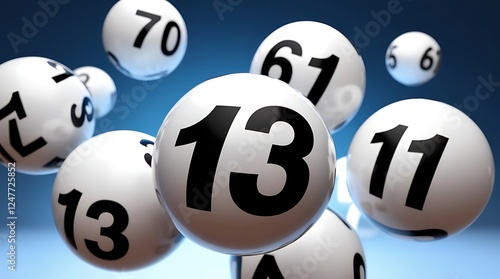 Floating lottery balls with bold black numbers against a vibrant blue background, symbolizing luck, chance, gambling, and jackpot winnings in a dynamic and engaging composition

