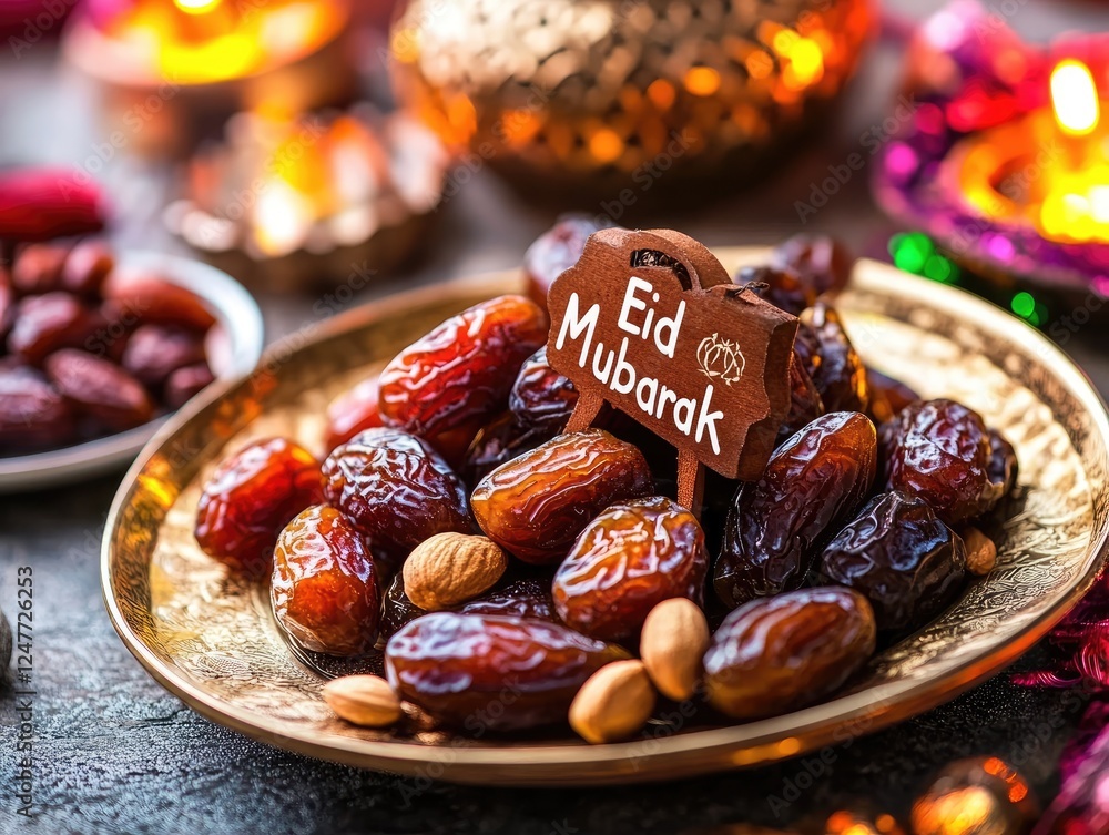 Festive Eid Mubarak Celebration with Dates and Traditional Decorations Festive Eid Mubarak Celebration with Dates and Traditional Decorations