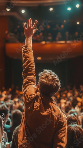 Man raises hand in a crowded auditorium.
