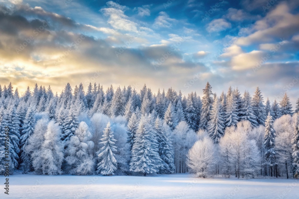 Serene Winter Wonderland Snow-Covered Evergreen Forest at Sunrise with a Breathtaking Sky Serene Winter Wonderland Snow-Covered Evergreen Forest at Sunrise with a Breathtaking Sky
