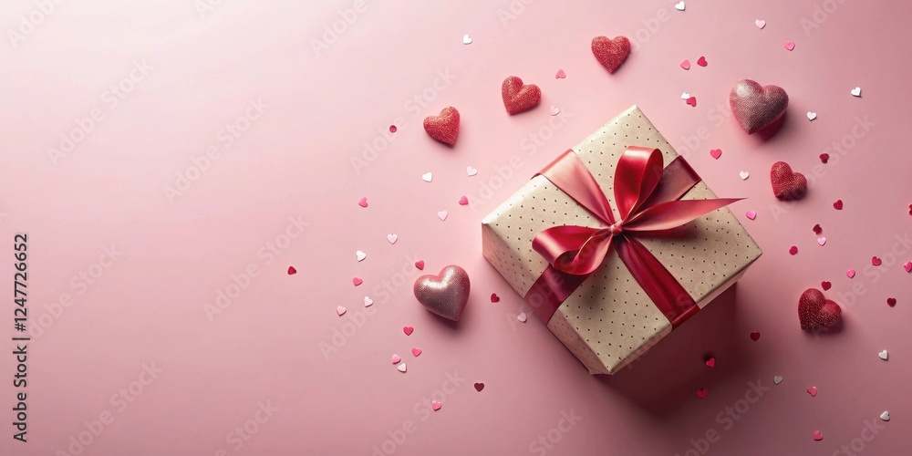 A Romantic Gift Presentation with Scattered Hearts and Confetti on a Soft Pink Background A Romantic Gift Presentation with Scattered Hearts and Confetti on a Soft Pink Background
