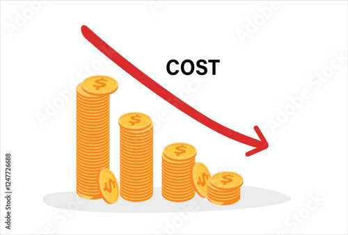 Costs reduction, costs cut, costs optimization business concept. Coin stacks with descending curve or arrow vector illustration.