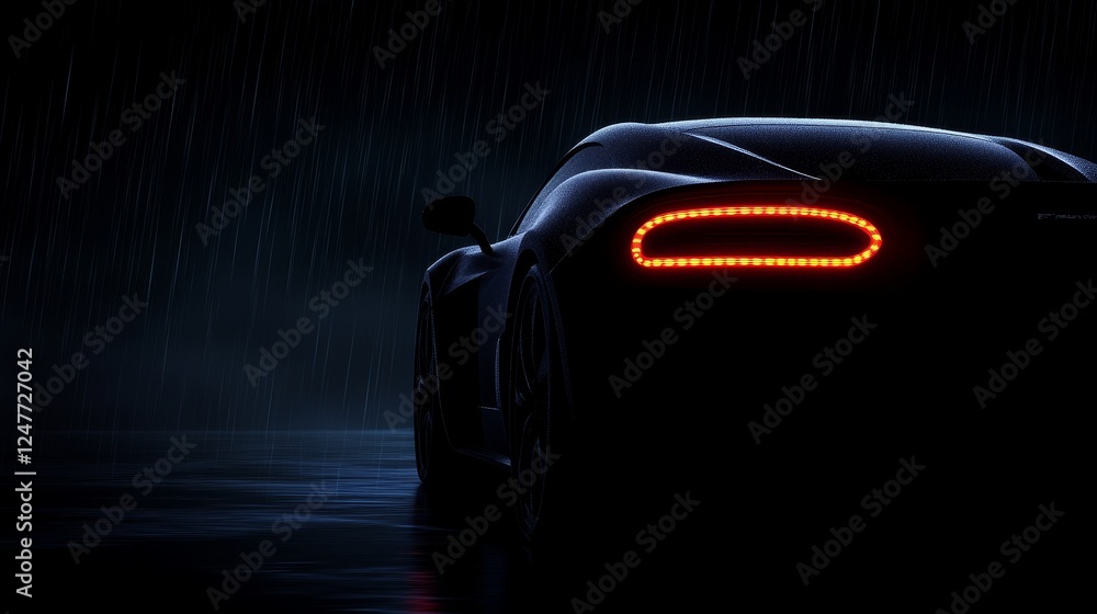 Obraz premium Sleek sport car silhouette illuminated by rain-soaked street light against a dark, moody background