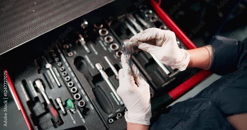 Engineer, toolbox and hands with tools in garage for car maintenance, repair service and vehicle testing. Motor industry, above and person choose a ratchet spanner in workshop for auto inspection Engineer, toolbox and hands with tools in garage for car maintenance, repair service and vehicle testing. Motor industry, above and person choose a ratchet spanner in workshop for auto inspection