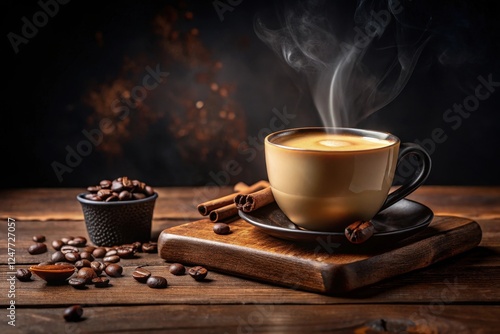 Aromatic Steam Rising from a Cup of Coffee with Cinnamon Sticks and Roasted Beans on a Rustic Wooden Surface