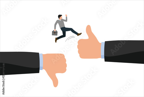 Changing oneself towards better opportunities, improvement or courage to take risks, career growth, business challenges, entrepreneur courage jumps from thumbs down to thumbs up.