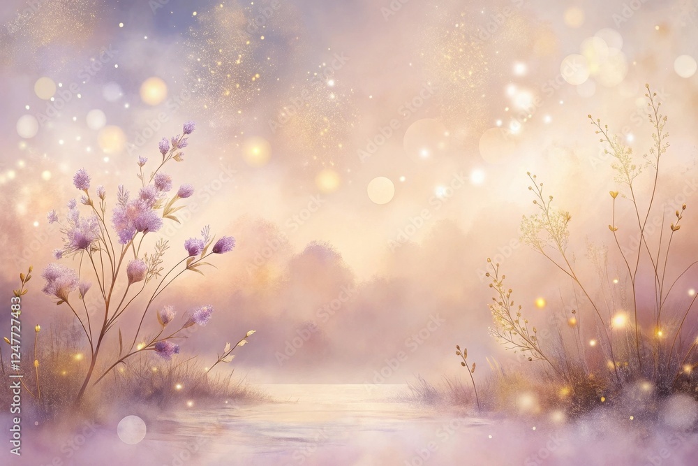 Enchanted Meadow at Dusk Serene Waters Reflecting Golden Hour Light and Delicate Purple Flowers Enchanted Meadow at Dusk Serene Waters Reflecting Golden Hour Light and Delicate Purple Flowers