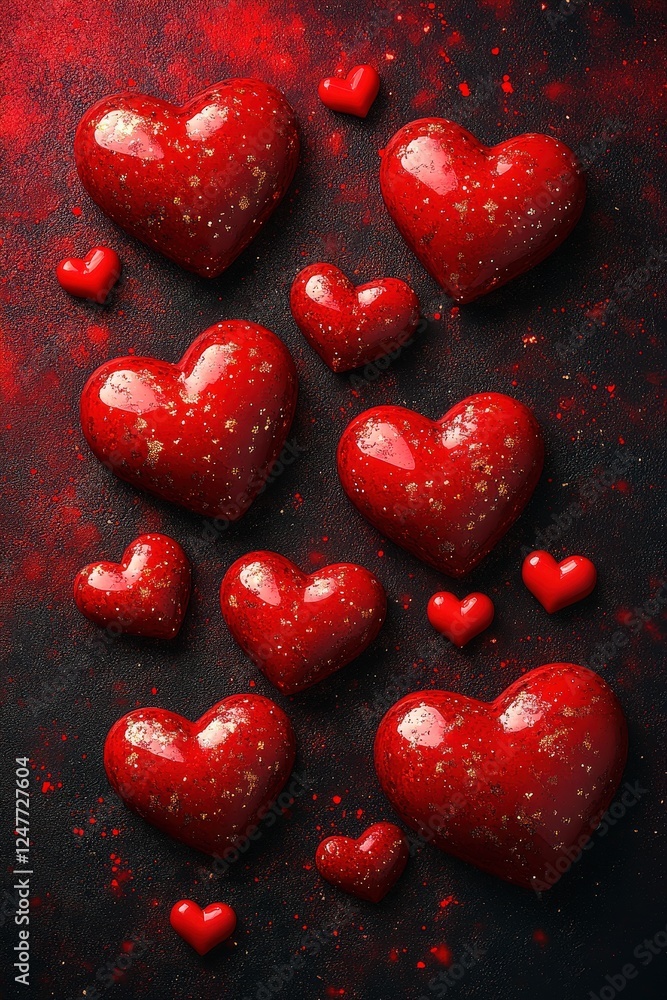 Fototapeta premium Cluster of red hearts arranged on a solid black background creating a decorative pattern