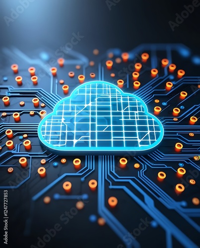 Futuristic cloud computing concept with a glowing neon cloud symbol on a circuit board background, representing data storage, artificial intelligence, and digital transformation

