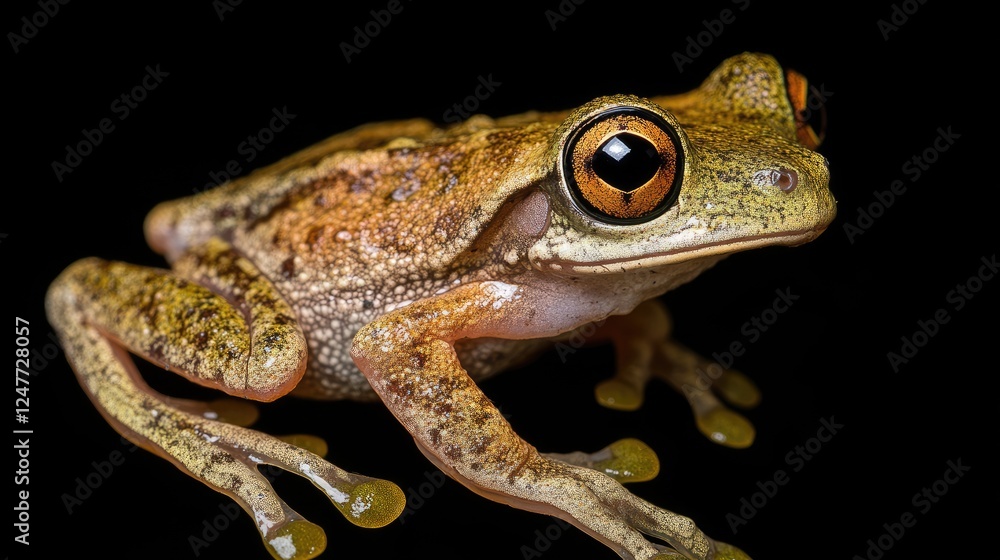 Obraz premium Detailed Close-Up of a Tree Frog with Striking Orange Eyes on Black Background