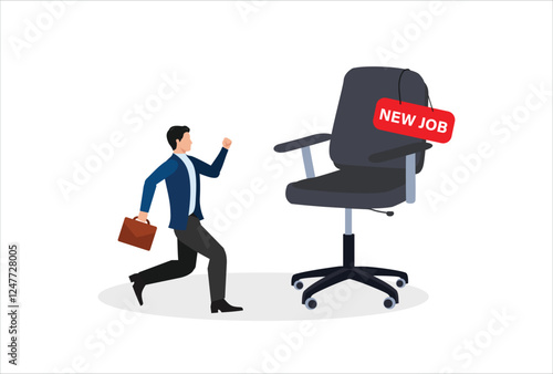 New job offer or new career opportunity, employment and recruitment, promoted to new position or hiring staff for vacancy concept, happy cheerful businessman greeting with his new job office chair.