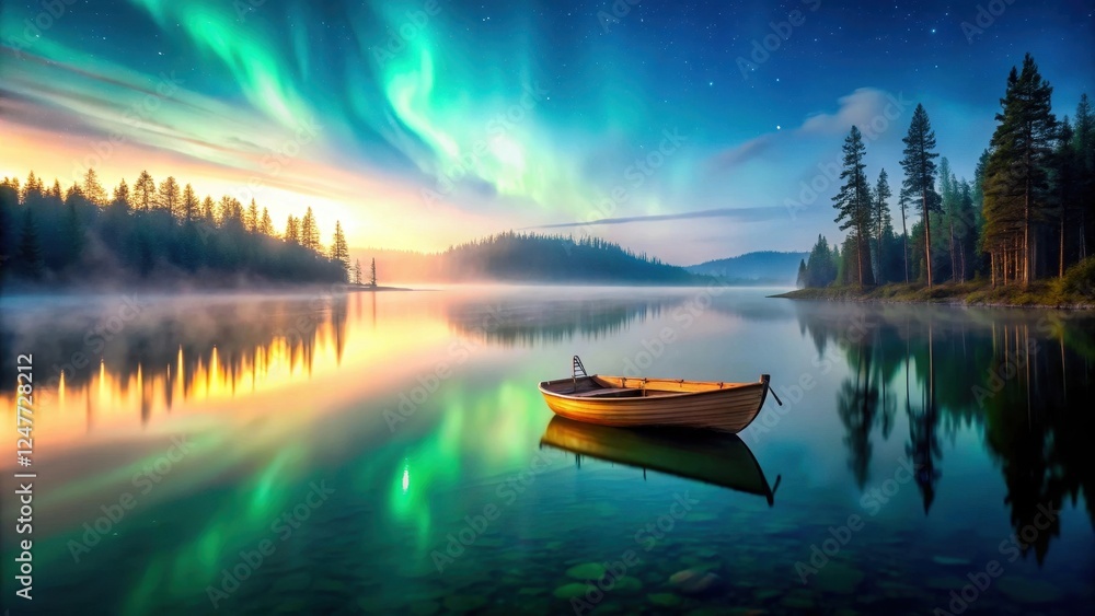 Serene Dawn A Wooden Rowboat at Rest on a Still Lake Under an Aurora Borealis Serene Dawn A Wooden Rowboat at Rest on a Still Lake Under an Aurora Borealis