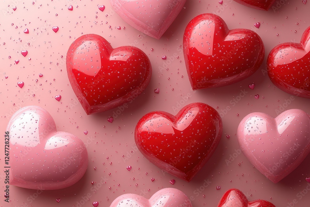 Fototapeta premium Multiple colorful hearts arranged on a soft pink background creating a playful and cheerful design