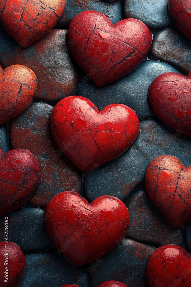Fototapeta premium Bunch of red hearts scattered on a solid blue background creating a vibrant and cheerful design