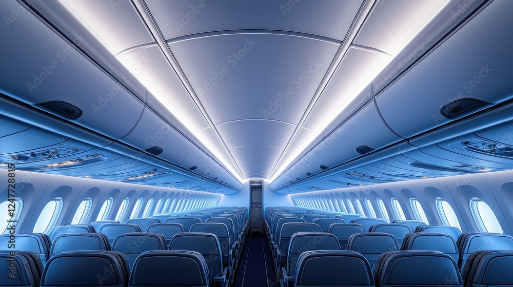 Fototapeta premium Empty airplane cabin, blue seats, overhead lights, travel