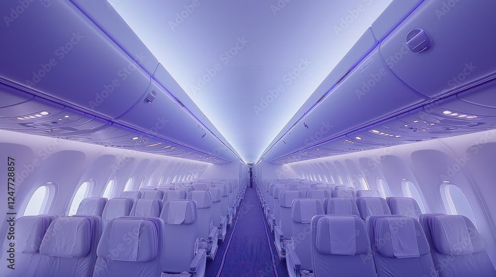 Fototapeta premium Empty airplane cabin, purple lighting, travel, interior