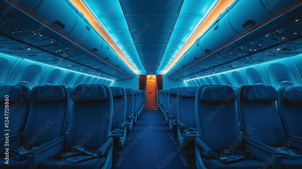 Fototapeta premium Empty airplane cabin at night, interior view. Travel, transport