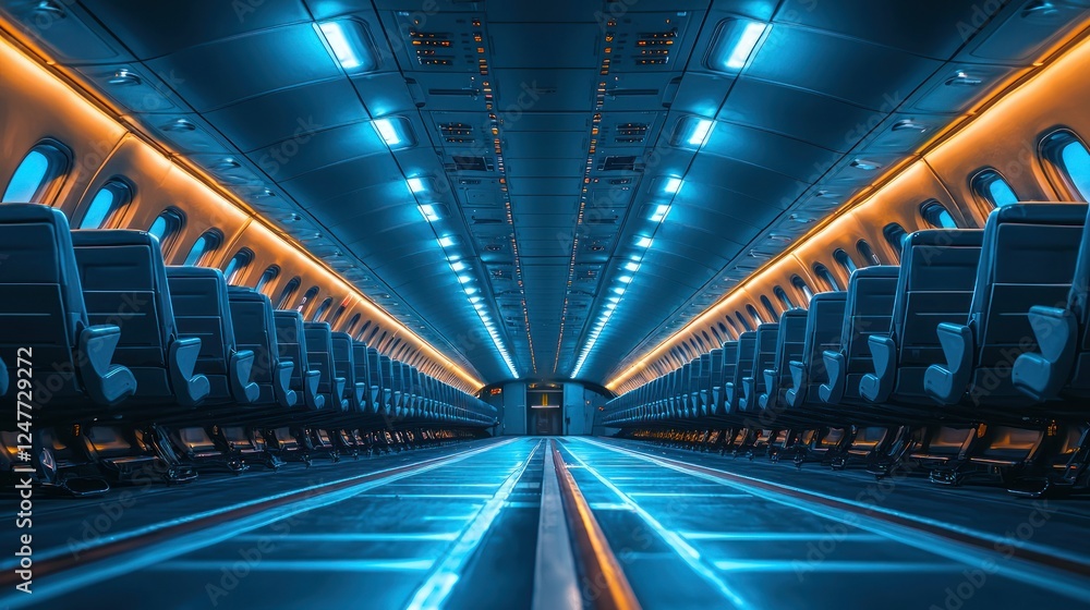 Fototapeta premium Empty Airplane Cabin, Night Flight, Interior, Modern